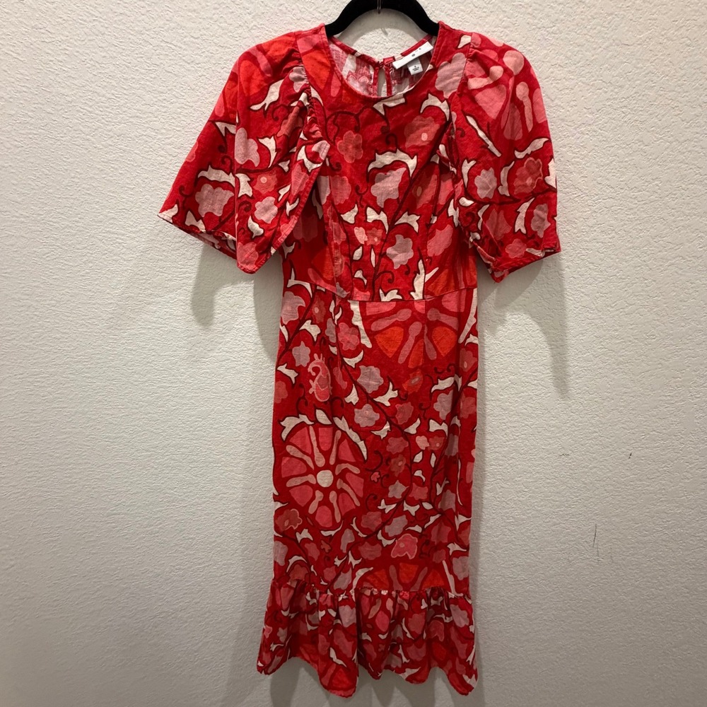 Rhode x Target Red Pink Floral Puff Sleeve Ruffle Hem Midi Dress Size 4